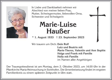 Traueranzeigen von Marie Luise Haußer Allgäuer Zeitung