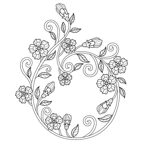 Ivy Flower Wreath Hand Drawn For Adult Coloring Book Vector