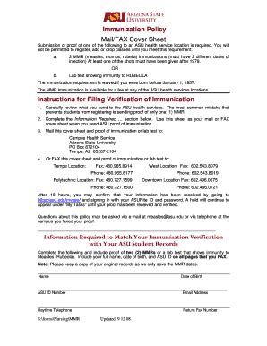 Fillable Online Students Asu Immunization Policy Mail FAX Cover Sheet