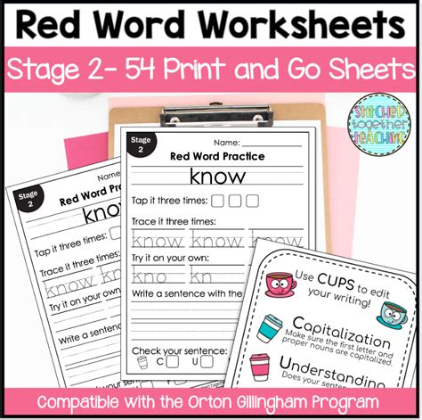 Sight Word Worksheets Orton Gillingham Stage 2 Red Words Classful