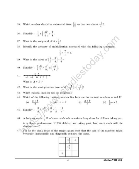 Cbse Class 8 Mental Maths Rational Numbers Worksheet