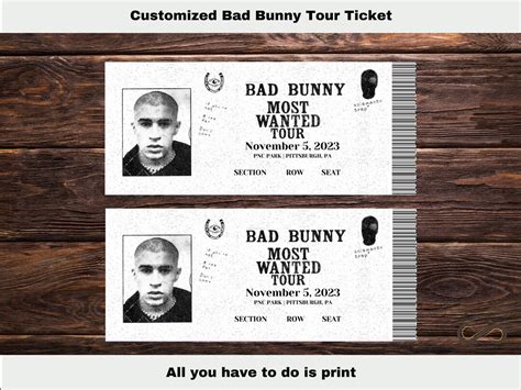 Fully Customized Printable Bad Bunny Most Wanted Tour Concert Ticket