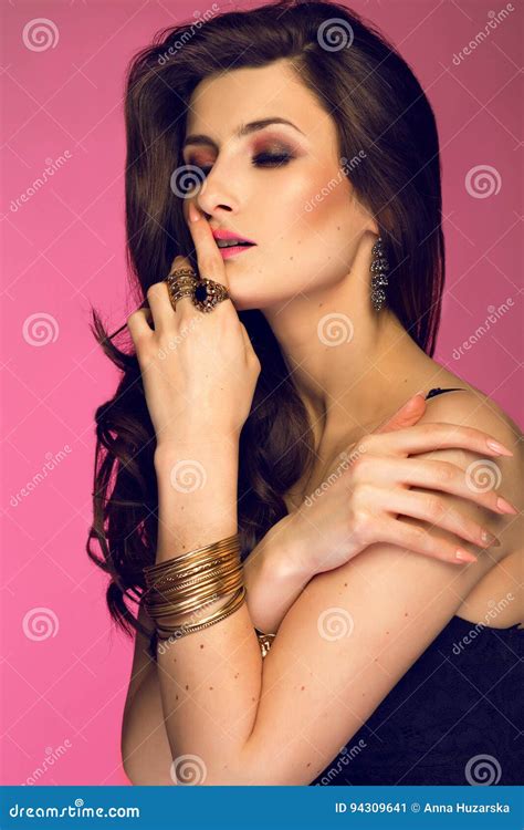 Portrait Of Sensual Woman With Long Brunette Curly Hair Studio Stock Image Image Of