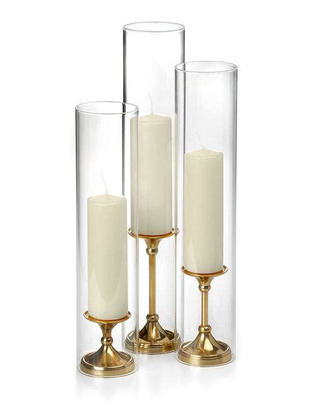 12 Slim Pillar Candles 12 Glass Chimneys And 12 Gold Timeless Pillar Holders Yummicandles