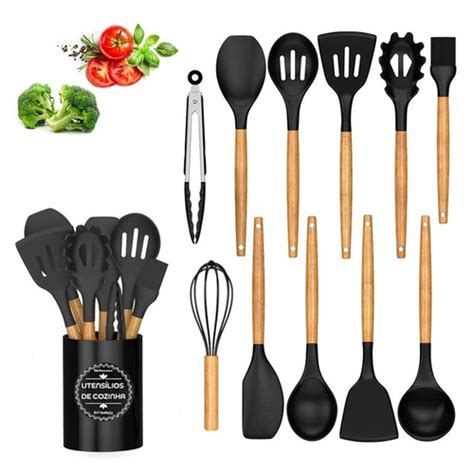 Jogo Kit 12 Utensílios De Cozinha Em Silicone Cabo Madeira Colher Pegador Concha Espátula Preto