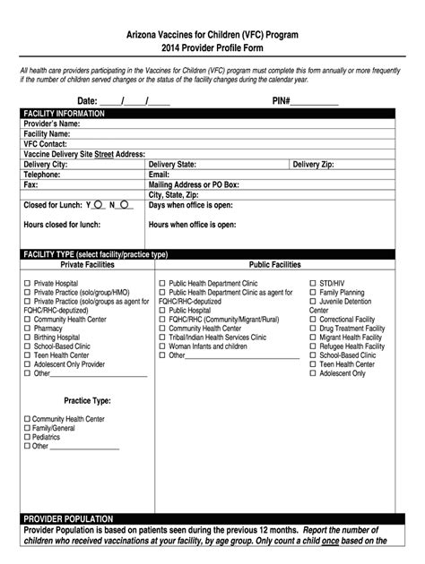 Fillable Online Azdhs 2014 VFC Provider Profile Arizona Department Of