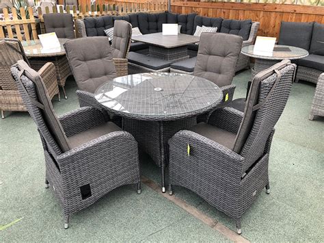 Stone Grey Round Rattan Dining Set With Reclining Chairs Garden