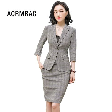 Women Suits Slim Summer Plaid Half Sleeve Jacket Skirt 2 Piece Set Ol