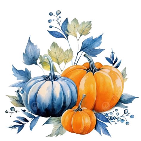 Watercolor Composition Of Orange And Blue Pumpkins And Silhouette Leaves Thanksgiving Day