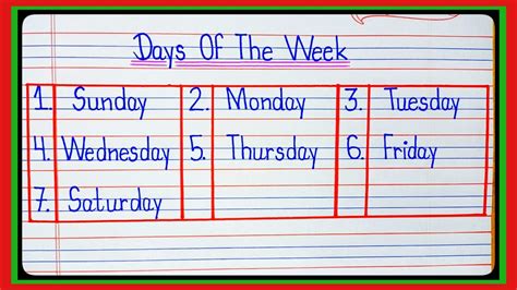 Weeks Name Sunday Monday Week Of The Day With Spelling