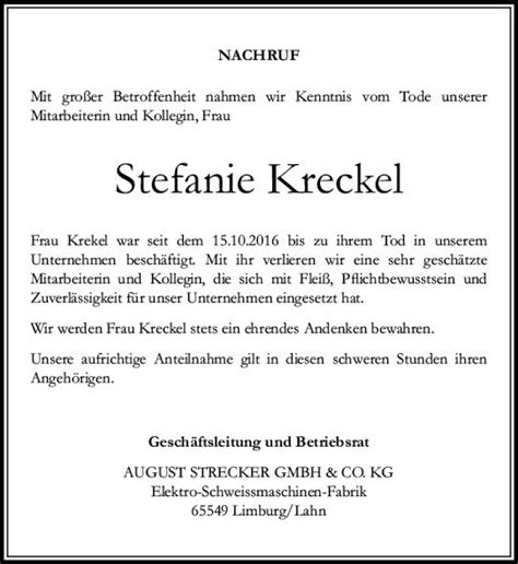 Traueranzeigen Von Stefanie Kreckel Vrm Trauer De