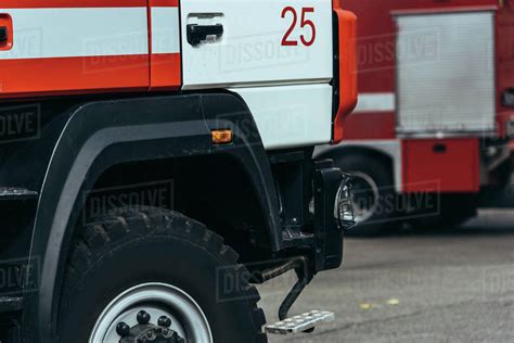 Close Up View Of Red And White Fire Truck On Street Stock Photo