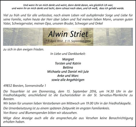 Traueranzeigen Von Alwin Striet Noz Trauerportal