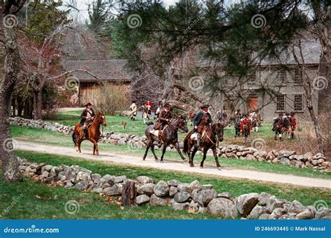 minuteman reenactment characters ride horses editorial image image