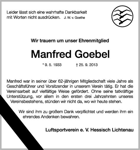 Traueranzeigen Von Manfred Goebel Trauer Hna De