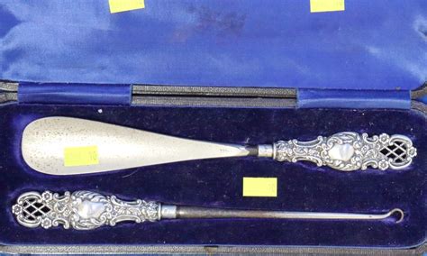 Lot Large Victorian Cased Sterling Silver Button Hook Shoe Horn Set