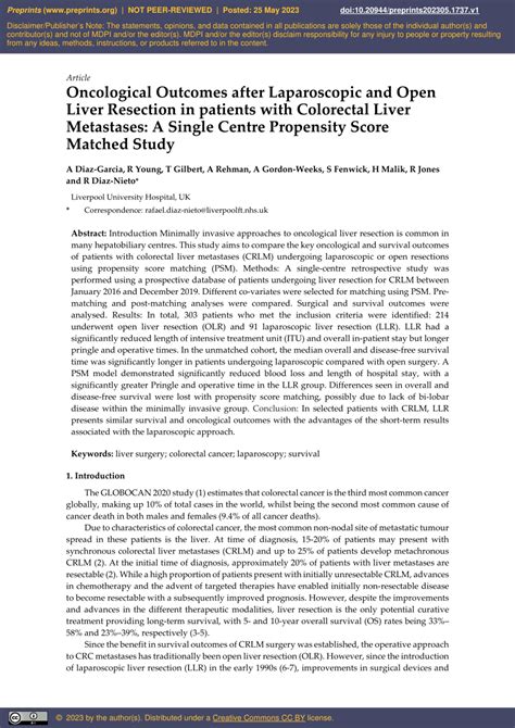 PDF Oncological Outcomes After Laparoscopic And Open Liver Resection