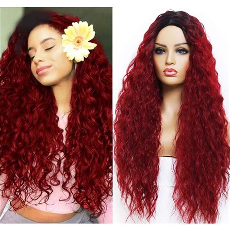 ANDRIA Burgundy Wigs Long Curly Wig Glueless Wine Red Wet And Wavy