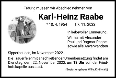 Traueranzeigen Von Karl Heinz Raabe Trauer HNA De