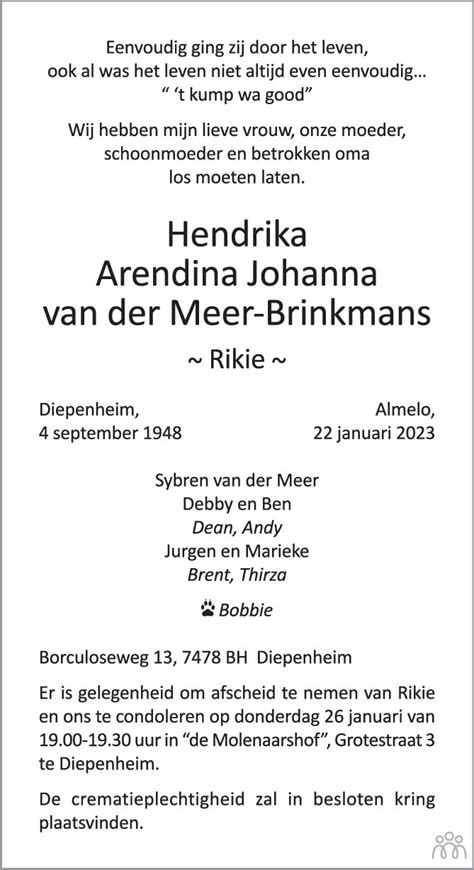 Hendrika Arendina Johanna Rikie Van Der Meer Brinkmans