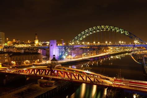 Tyne Bridge and Swing Bridge at Night. Newcastle upon Tyne Skyline Editorial Image - Image of ...