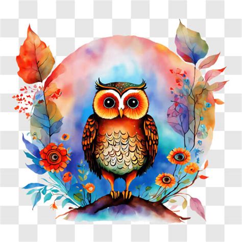 Download Colorful Owl Perched On Branch With Vibrant Flowers Png Online