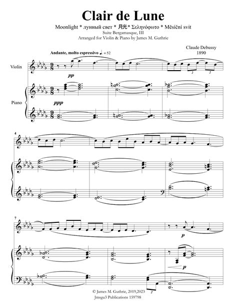 Debussy Claire De Lune For Violin And Piano Arr James M Guthrie By Claude Debussy Sheet Music