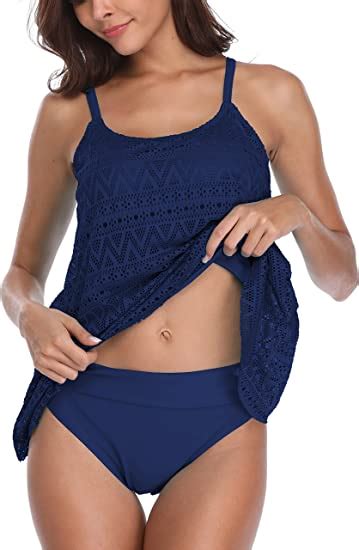 Flyily Damen Streifen Tankini Sets Bikini Mesh Bademode Badeanzug