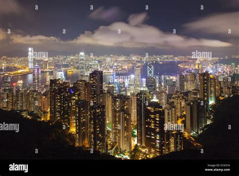 Hong Kong Island Central Cityscape With Victoria Harbour At Night From