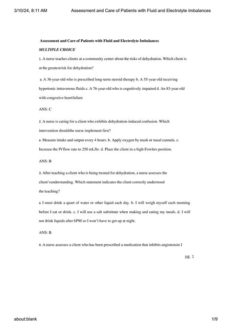 SOLUTION Assessment And Care Of Patients With Fluid And Electrolyte