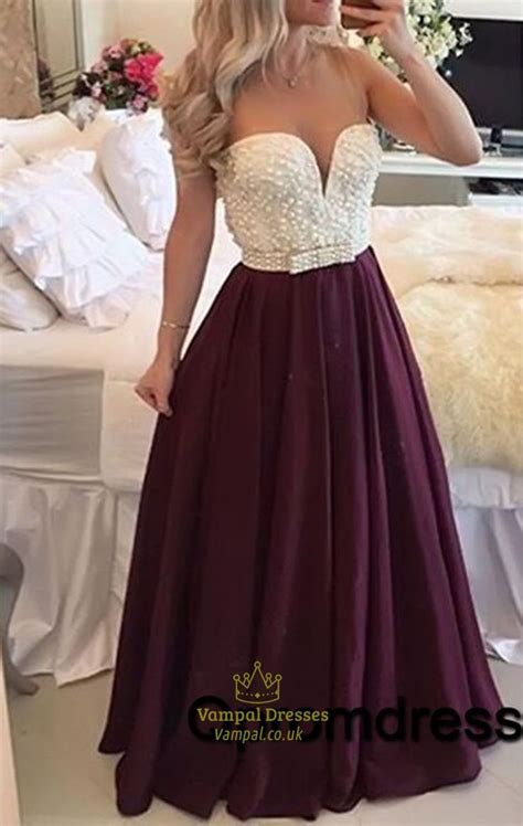 Eggplant Strapless Beaded Bodice Plunge V Neck Chiffon Prom Dress