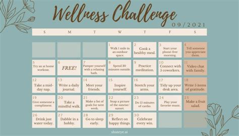 30 Day Wellness Challenge Calendar Ideas