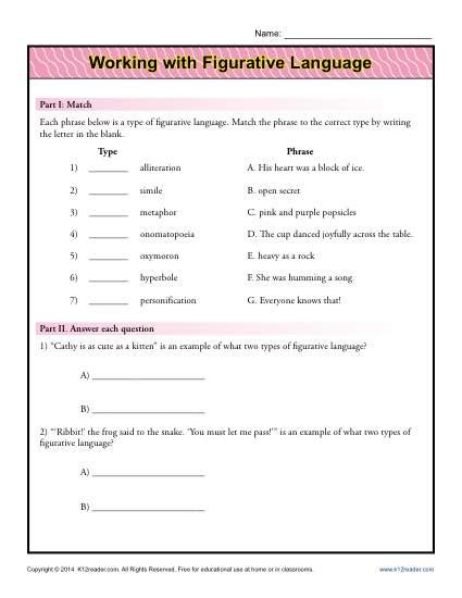 Figurative Language Worksheets 8th Grade Language Worksheets