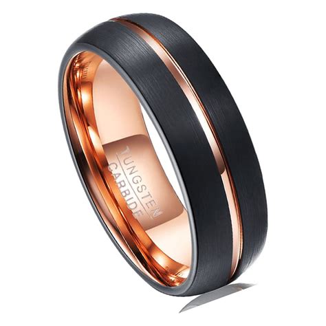 Vakki 8mm Black Brushed Tungsten Ring Black Dome Matte Surface And Rose Gold Grooved Line