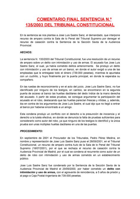 Comentario Final Sentencia D - COMENTARIO FINAL SENTENCIA N.º 135/2003