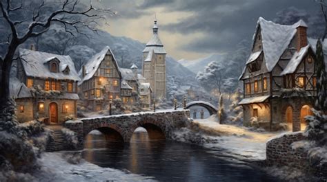 Premium Photo | A painting of a snowy village with a bridge