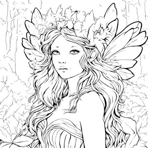 Download Adult Coloring Page Fairy In Forest With Leaves And Flowers Coloring Pages Online