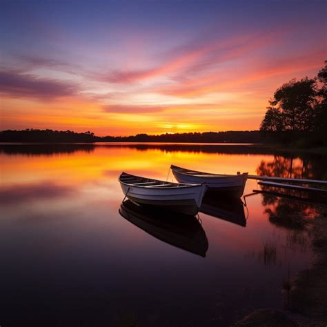 Premium Photo Two Boats Are Docked On The Shore Of A Lake At Sunset