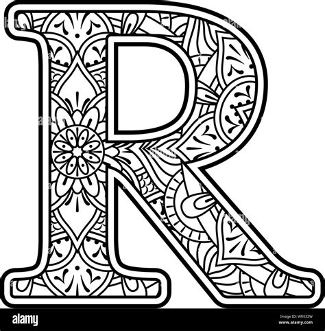 Initial R In Black And White With Doodle Ornaments And Design Elements