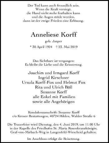 Alle Traueranzeigen für Anneliese Korff trauer rp online de