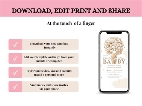 Editable Teddy Bear Hot Air Balloon Bear Theme Baby Shower Invitation We Can Bearly Wait Invites