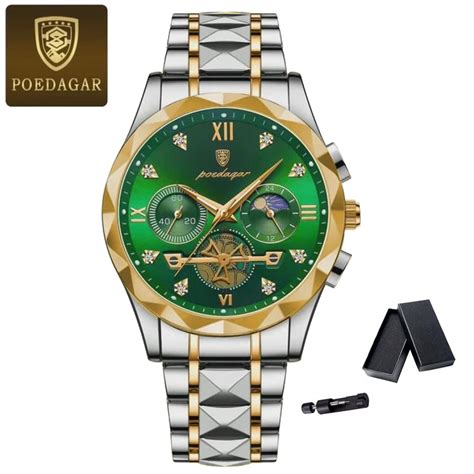 Poedagar Luxury Man Green Wristwatch Luminous Chronograph Watch For Men