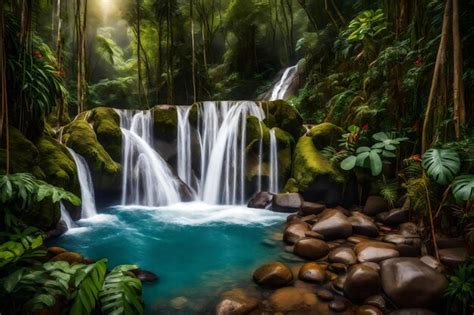 Premium AI Image | A waterfall in the jungle with a waterfall in the ...