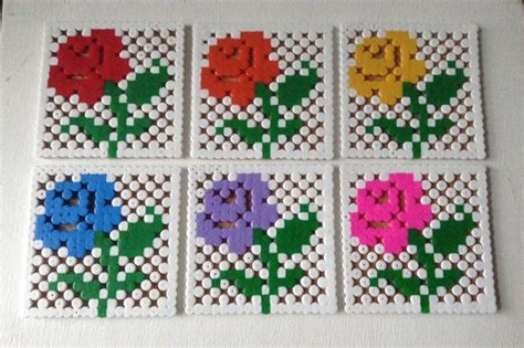 Beautiful Set Of 6 Rose Coasters Perlerhama Beads Billes De Fer Motifs Tissage De Perles