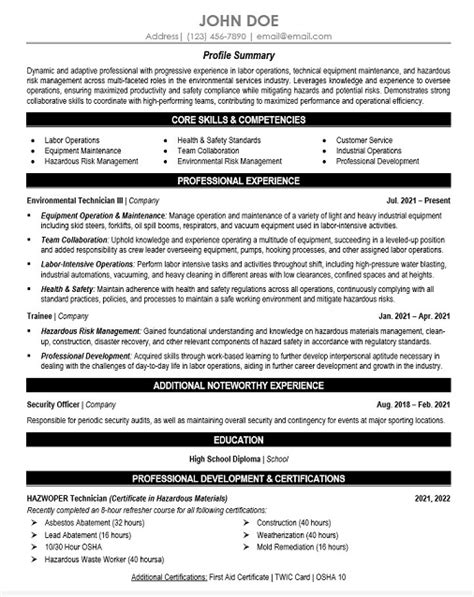 Environmental Technician Resume Sample & Template