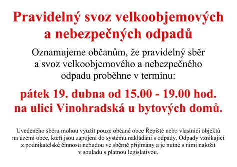 Pravidelný svoz velkoobjemových a nebezpečných odpadů 19 4 2024 Obec