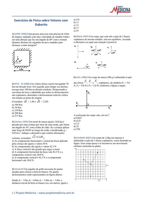 Exercícios de Física sobre Vetores Gabarito