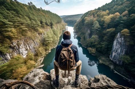 Premium Photo Serene Traveler Man Sitting On Cliff Edge