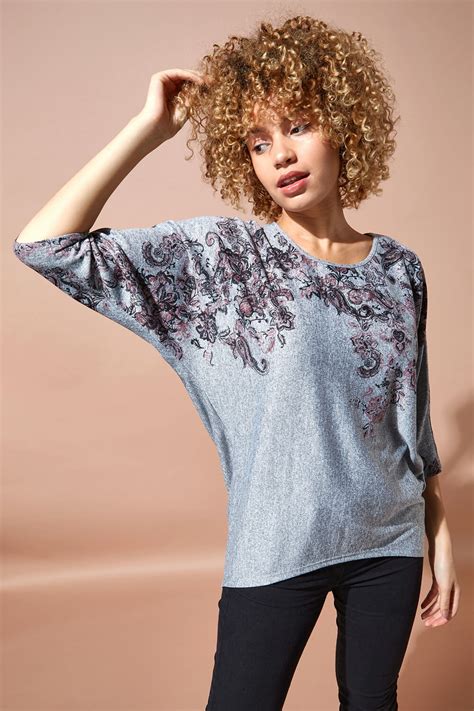 Dipped Hem Floral Batwing Top In Grey Roman Originals Uk