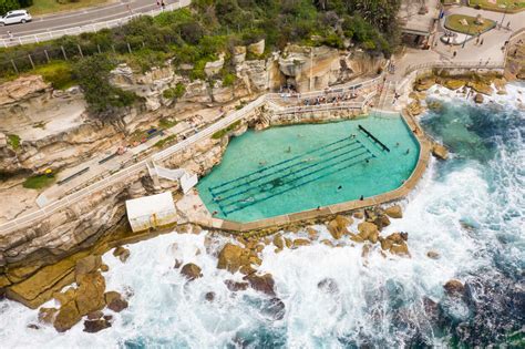 Aerial View Above Of Bronte Baths Public Swimming Pool Sydney